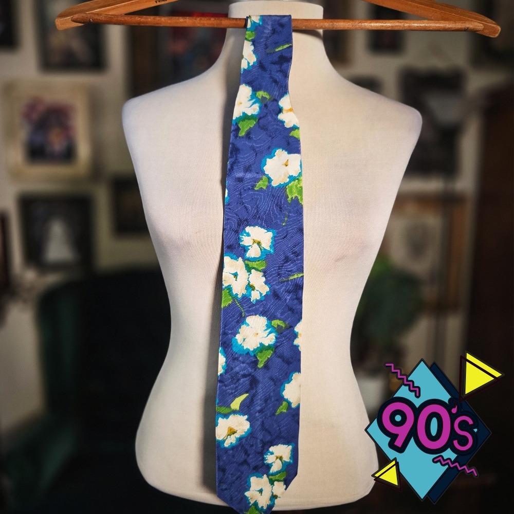 Structure Silk Tie Vintage 90s Mens Blue White Floral Botanical Necktie USA Made